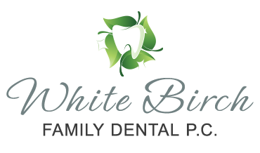 The image displays a logo with the text  WHITE BIRCH FAMILY DENTAL  prominently at the top, featuring a stylized green leaf design above the name, and below the name is a dental clinic s contact information with the word  DENTAL  in capital letters. The style of the image is graphic and appears to be a digital creation intended for branding purposes.