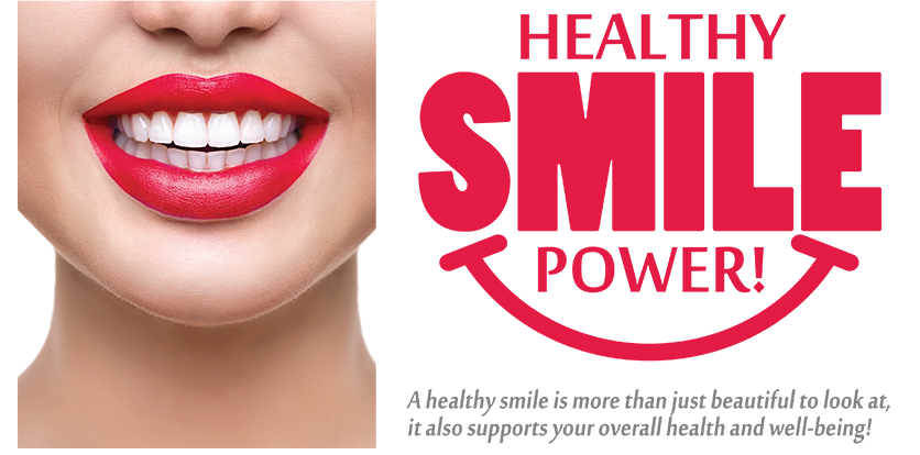 The image displays a close-up of a person s face with red lipstick, featuring a logo for  Healthy Smile Power  on a white background.